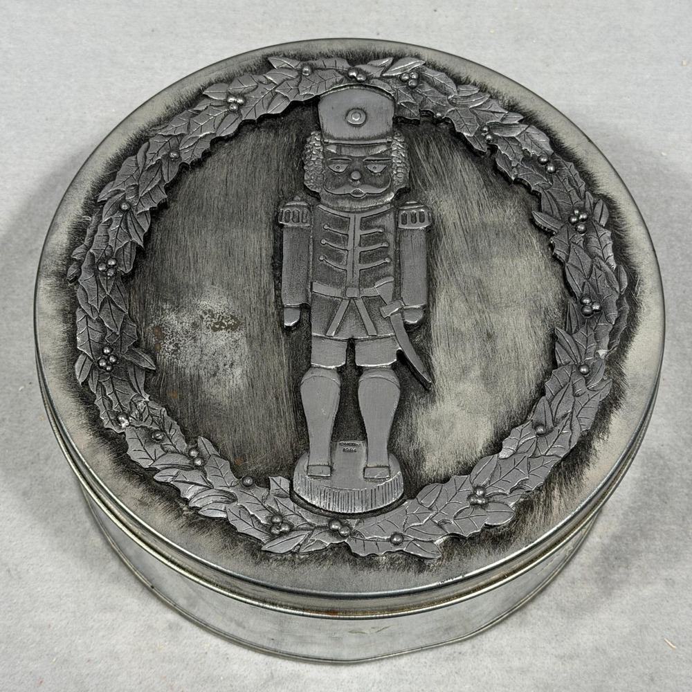 Vintage 1980s Metzke Pewter Nutcracker Christmas Trinket Box Cookie Tin USA